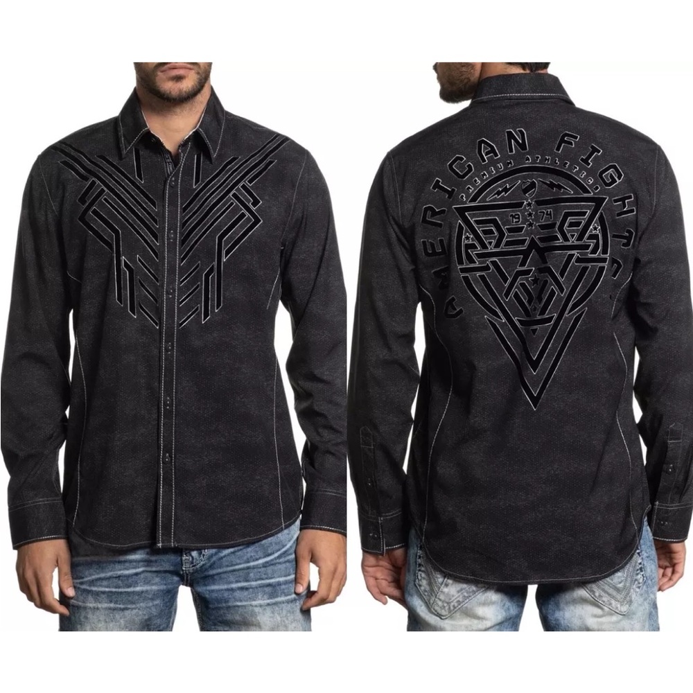⭐️NWT American fighter Refute long sleeve woven graphic mens shirt SZ SM.